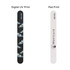A nail file featuring a black background with butterfly designs on one side and a plain white side with branding.