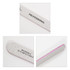 A straight shape nail file in grey with a pink edge, featuring a logo and text labels.