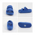 A pair of blue slides displayed from multiple angles, featuring a textured sole and strap design.