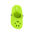 A vibrant lime green paw shape clog shoe magnet with ventilation holes and a black button detail.