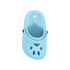 A light blue paw-shaped clog shoe fridge magnet with ventilation holes and a black button detail.