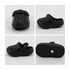 A set of four images featuring black classic clog shoe fridge magnets from different angles.