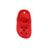 A red Clog Shoe fridge magnet with ventilation holes and a strap, featuring a logo.