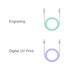 Two charging cables in mint green and lavender, featuring different finishes and connectors. Both have a logo.