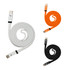 Three magnetic flat braided charging cables in black, white, and orange, each with a logo on the connector.