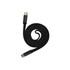 A black braided charging cable with USB connectors at both ends, coiled in a spiral shape.