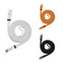 A flat braided charging cable set in white, orange, and black, featuring branding on the connectors.