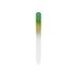A gradient coloured glass nail file featuring green and yellow hues, transitioning to clear at the end.
