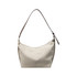 A cream-coloured tote bag with a brown shoulder strap and a smooth finish. It features a simple design and has a logo.