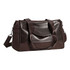 A brown duffle bag with handles and a shoulder strap, featuring a logo and a sleek design.
