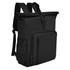 A black backpack with a roll-top design, featuring a front zipper pocket and side mesh panel. It has adjustable straps and a logo.