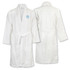 A white waffle bathrobe featuring a logo, with front and back views displayed.