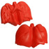 A red lung-shaped stress reliever with a smooth texture, featuring a logo on one side.