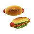 A hot dog shaped stress reliever in yellow and red with green detailing, featuring a logo on one side.