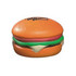 A hamburger-shaped stress reliever in orange, green, and white, featuring a logo on top.