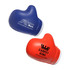 A red and blue boxing glove shape stress reliever with branding.