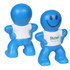 A blue stress reliever in the shape of a smiling cartoon figure with a white shirt featuring a logo.