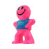 A pink stress reliever in the shape of a smiling man with a blue shirt featuring a logo.