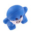 A blue stress reliever in the shape of a cartoonish figure with a white section featuring a logo.