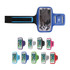 A blue cell phone arm band with a clear window, available in multiple colours including pink, black, and purple.
