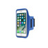 A blue cell phone arm band is displayed, featuring a slot for a smartphone and a pocket for accessories.