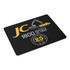 A black fabric mouse mat featuring a logo and illustrations of construction vehicles, measuring 225mm x 185mm.