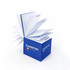 A blue cube with multiple white note pages fanned out, featuring a logo on its side.