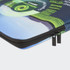 A small, full colour laptop sleeve with a blue and green design and a black zipper. Features a logo.