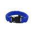 A blue paracord bracelet featuring a black buckle and whistle attachment.