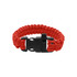 A red paracord bracelet featuring a black buckle and whistle attachment. The design includes tightly woven paracord.