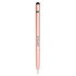 A metal pen in a rose gold colour with a stylus tip at one end and a branding logo.