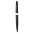 A metal pen in black with a silver clip and a logo on the body.