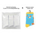 A biodegradable bag containing 12 pairs of ear-shaped crew kids socks, featuring a blue and yellow custom pattern.