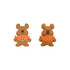Two 3D custom clog shoe charms in brown, featuring a bear holding a "Vibes" sign. One charm is flat; the other is a soft figure.