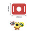 A red 3D custom clog shoe charm with a bear holding a yellow block and two sports balls: a baseball and a tennis ball.