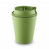 A drink bottle in a light green colour, resembling a takeaway cup, with a flip lid and a logo.