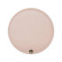 A round makeup mirror in a soft pink colour with a stitched edge and a metal button detail.