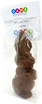 A chocolate Easter bunny in a clear package, featuring a header card and a logo. The bunny is brown.
