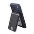 A navy magnetic wallet featuring a phone stand, holding a card and attached to a mobile device. Includes a logo.