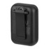 A black magnetic Bluetooth speaker with a clip on the back for easy attachment. The speaker also features a logo.