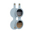 A round folding pocket mirror with a soft blue exterior and two reflective surfaces, featuring gold hardware accents.