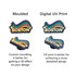 Custom shoe charms in two styles: moulded with 3D effect and digital UV print for detailed design, featuring colourful "Boston" text.