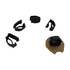 A collection of custom shoelace charms in black and brown, featuring various shapes and designs.