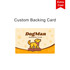 A custom backing card featuring a dog graphic, with brown, yellow, and cream colours, and a logo present.