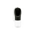 A drink bottle with a black top and clear base, featuring a strap and a button. It includes a logo on the design.
