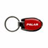 A red keychain with a silver metal keyring and a logo. The design is sleek and compact.