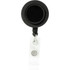 A round black badge holder with a clear retractable strap and metal clip. Features a logo on the front.