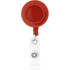 A round red badge holder with a clear retractable cord and a clip attachment.