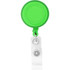 A bright green round badge holder with a transparent strap and a metal clip attached.