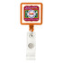 A rectangle badge holder in orange and clear, featuring a logo and a clip for attachment.